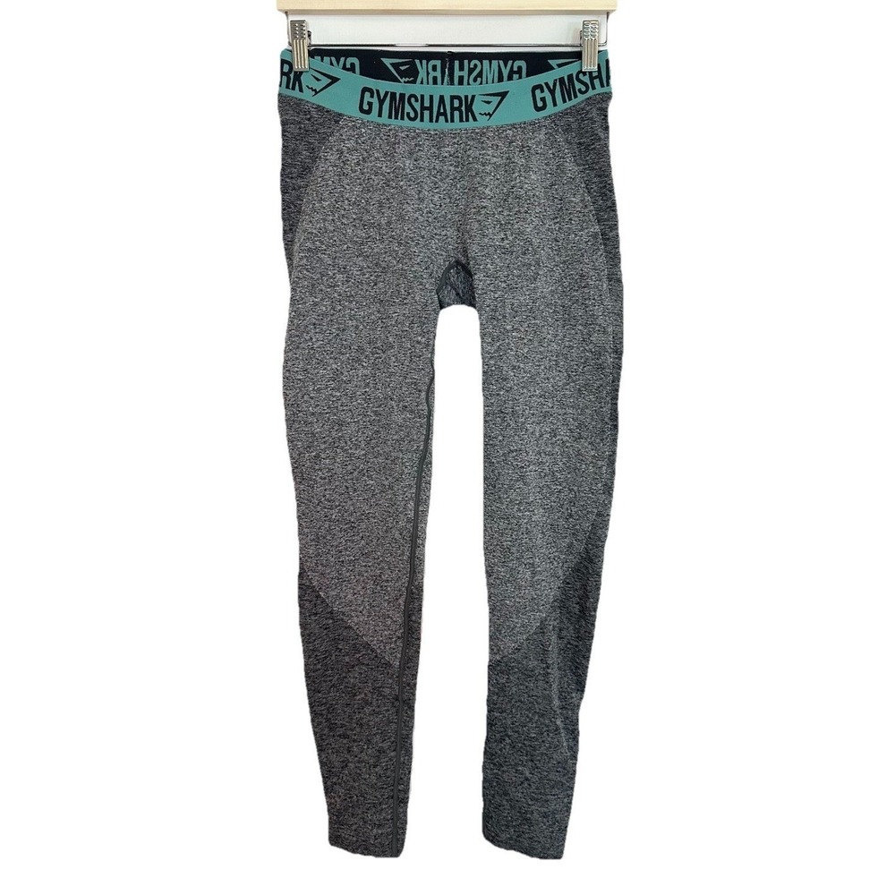 Gymshark Flex Women's LARGE Low Rise Gray Teal Pull On Leggings Logo Waistband
